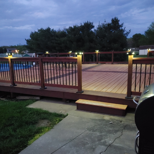 Strong structural deck hardware such as deck rail connectors and deck railing brackets provide serious strength to a backyard deck design