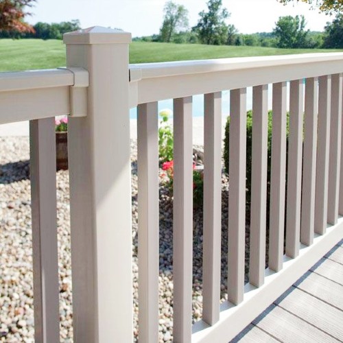 The Harrington style of Durables Vinyl Railing boasts a T-shaped top rail and squared vinyl deck pickets