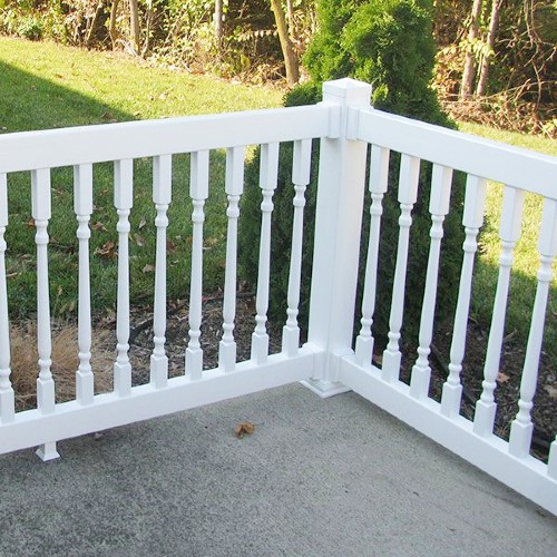 The Durables Westport vinyl railing line has colonial-style turned balusters for an old time look