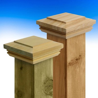 With varying levels and detailed beveled edges, the Hatteras wood post cap provides a complex looking detail to your wood deck railing