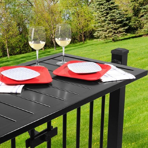 Outdoor deck railing tables save your deck space and ensure that tables won't blow over in the breeze for a safe, clean outdoor space