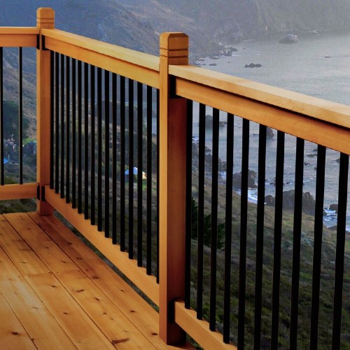 The Vista Somerset Wood Deck Railing Kit features cedar deck rails, deck posts, and black metal deck balusters