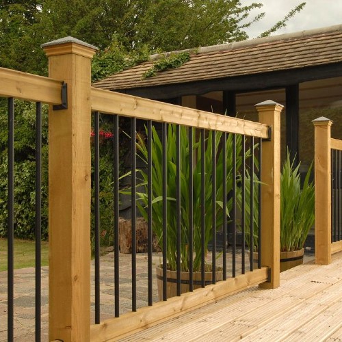 The Vista Traditional Wood Deck Railing Kit features cedar deck rails and black-powder coated aluminum balusters