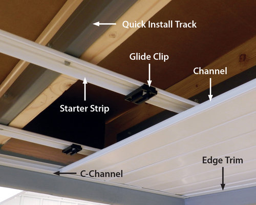 A diagram showing all the parts of UpSide Underdeck Ceiling coming together at installation